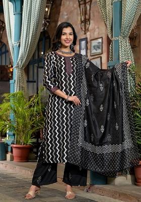 Black Printed Viscose Salwar Kameez With Dupatta