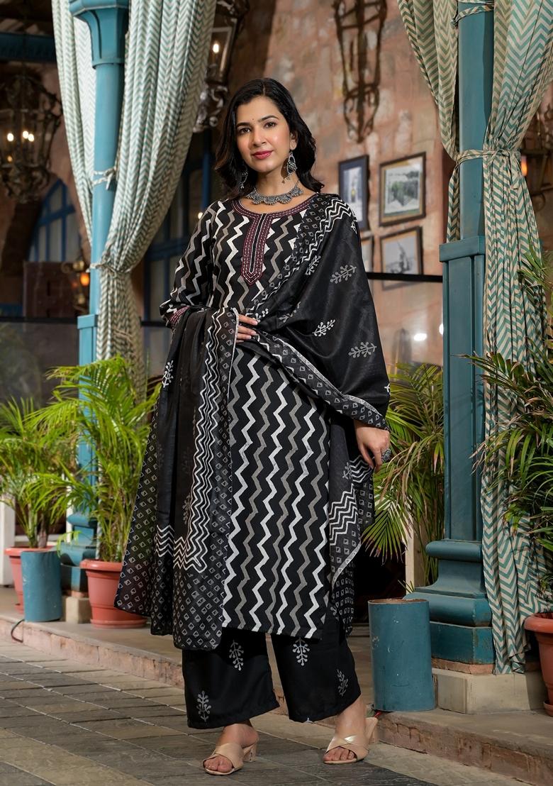 Black Printed Viscose Salwar Kameez With Dupatta