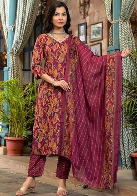 Red Embroidered Viscose Salwar Kameez With Dupatta