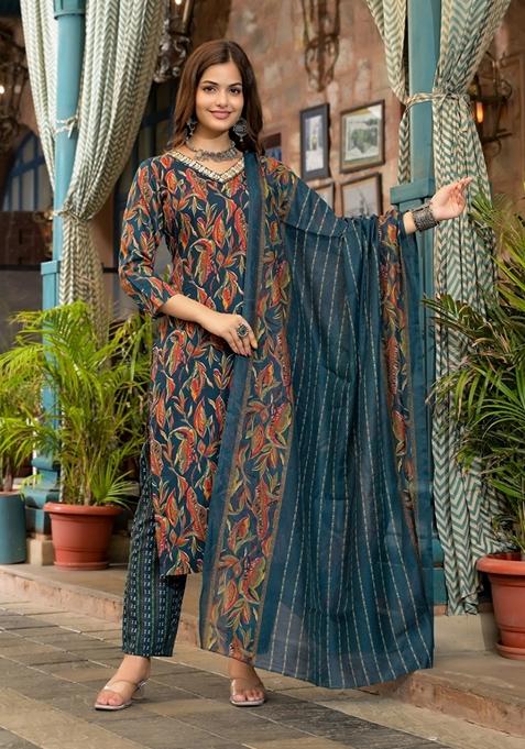 Blue Embroidered Viscose Salwar Kameez With Dupatta