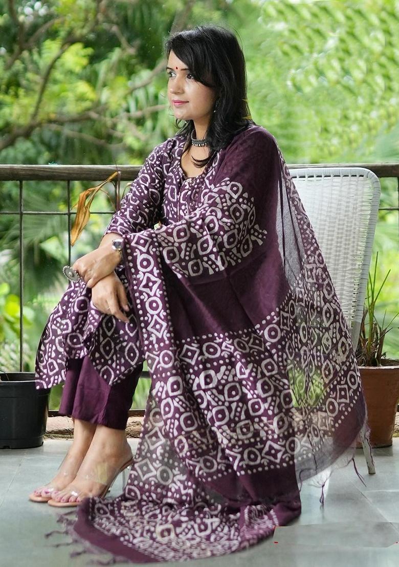 Purple Printed Viscose Salwar Kameez With Dupatta