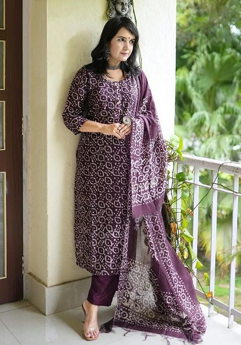 Purple Printed Viscose Salwar Kameez With Dupatta