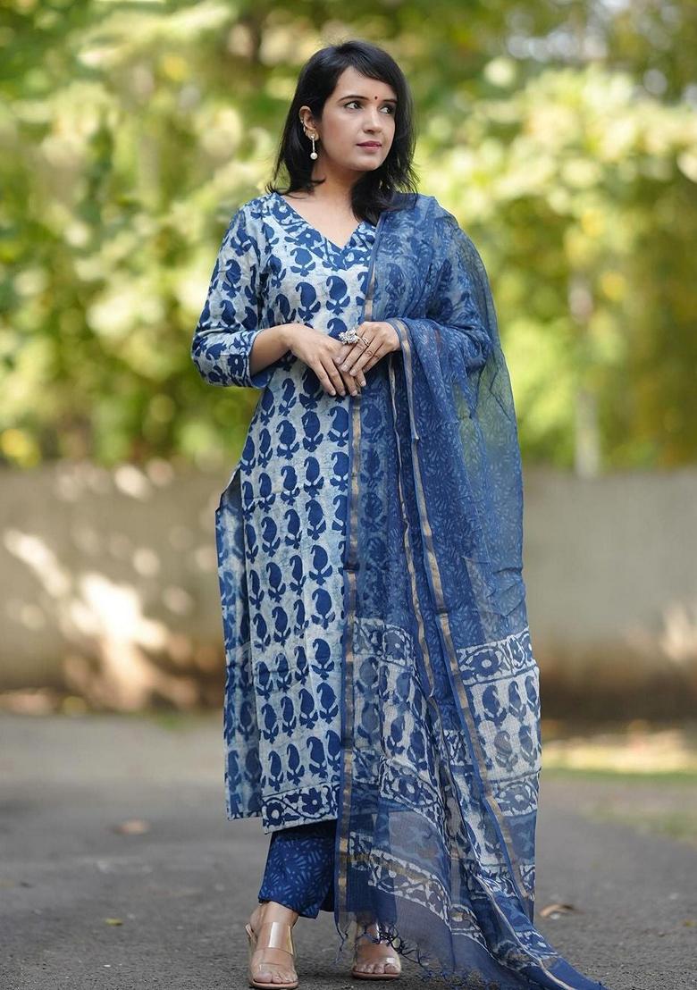 Blue Printed Viscose Salwar Kameez With Dupatta