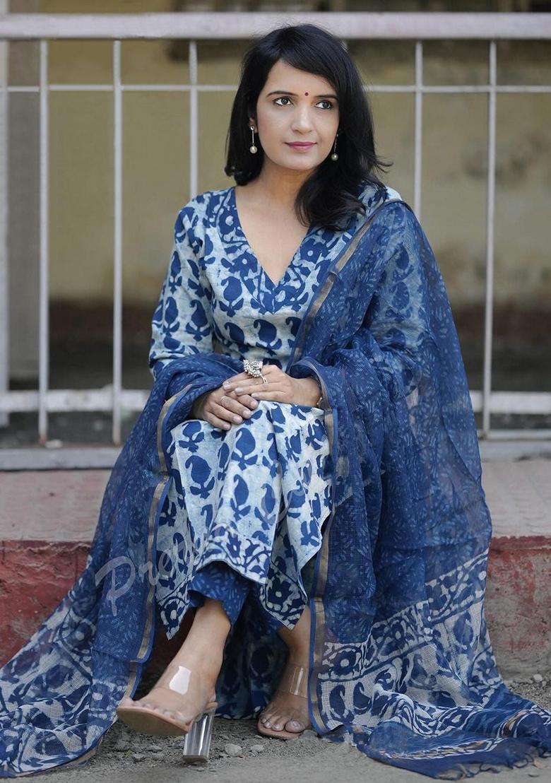 Blue Printed Viscose Salwar Kameez With Dupatta