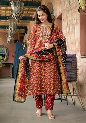 Red Embroidered Viscose Salwar Kameez With Dupatta