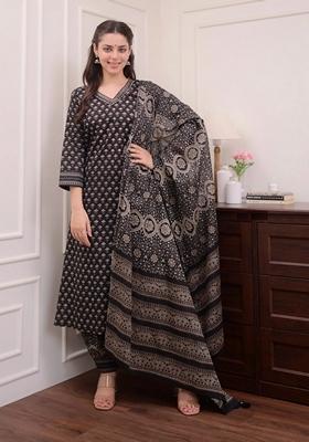 Black Printed Viscose Salwar Kameez With Dupatta
