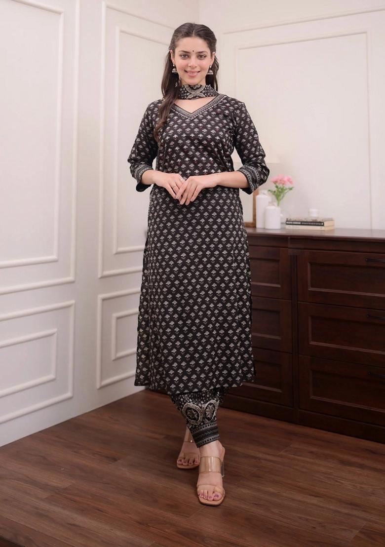 Black Printed Viscose Salwar Kameez With Dupatta