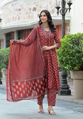Red Embroidered Viscose Salwar Kameez With Dupatta