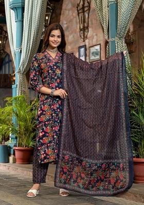 Navy Blue Embroidered Viscose Salwar Kameez With Dupatta