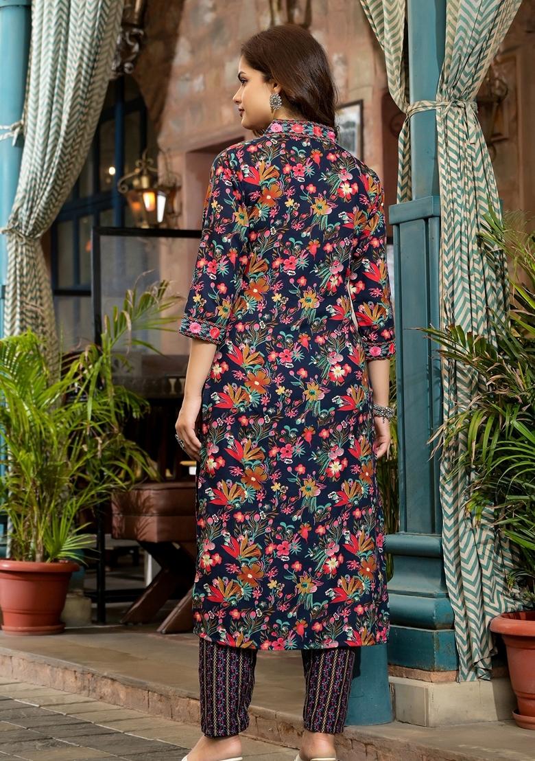 Navy Blue Embroidered Viscose Salwar Kameez With Dupatta