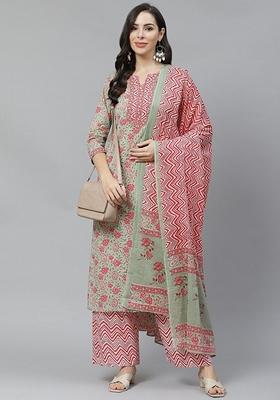 Green Printed Viscose Salwar Kameez With Dupatta