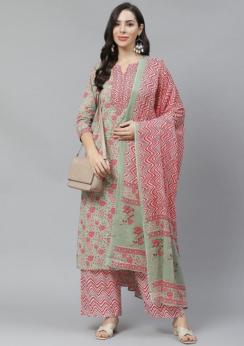 Green Printed Viscose Salwar Kameez With Dupatta