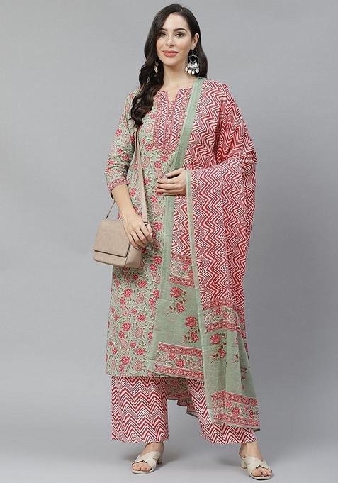 Green Printed Viscose Salwar Kameez With Dupatta