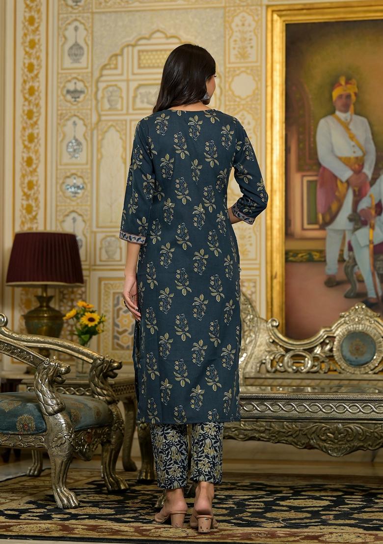 Navy Blue Embroidered Viscose Salwar Kameez With Dupatta