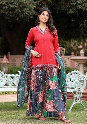 Rust Brown Embroidered Rayon Sharara Set With Dupatta