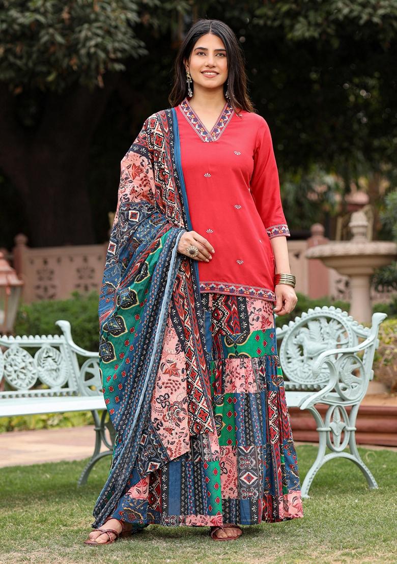 Rust Brown Embroidered Rayon Sharara Set With Dupatta