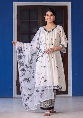 Off White Embroidered Cotton Dobby Fabric Palazzo Set With Dupatta