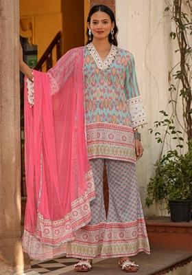 Sky Blue Printed Cotton Voile Fabric Sharara Set With Dupatta