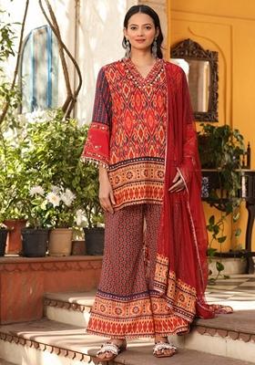 Rust Brown Printed Cotton Voile Fabric Sharara Set With Dupatta