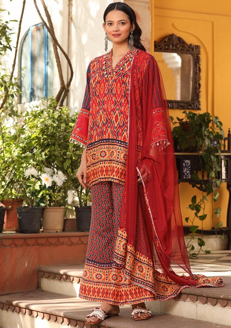 Rust Brown Printed Cotton Voile Fabric Sharara Set With Dupatta