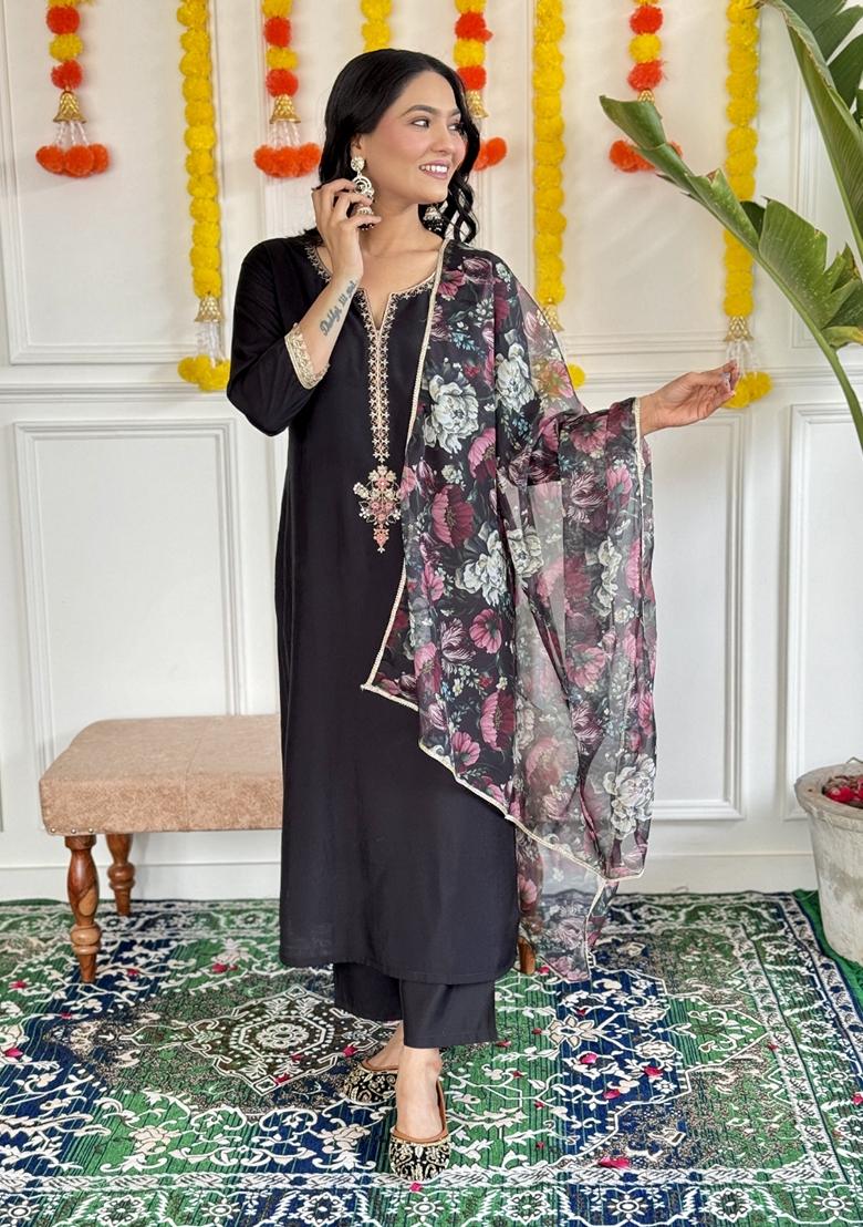 Black Embroidered Rayon Salwar Kameez With Dupatta