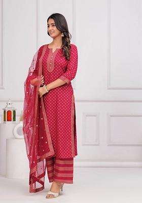 Pink Printed Rayon Palazzo Set With Dupatta