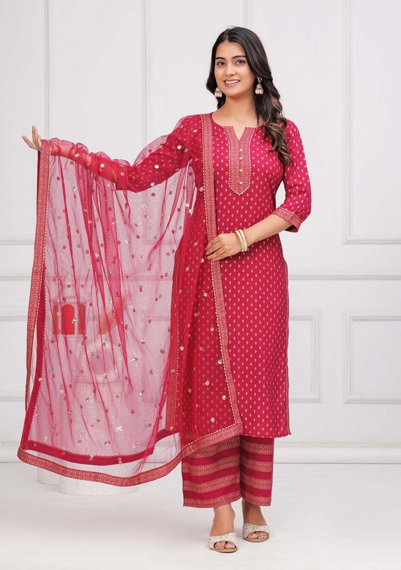 Pink Printed Rayon Palazzo Set With Dupatta