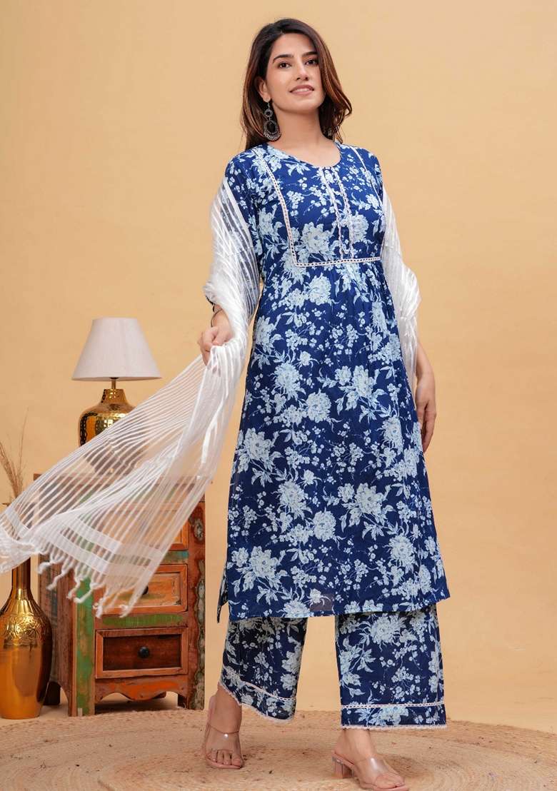 Indigo Blue Floral Print Cotton Straight Kurta Set - Indya