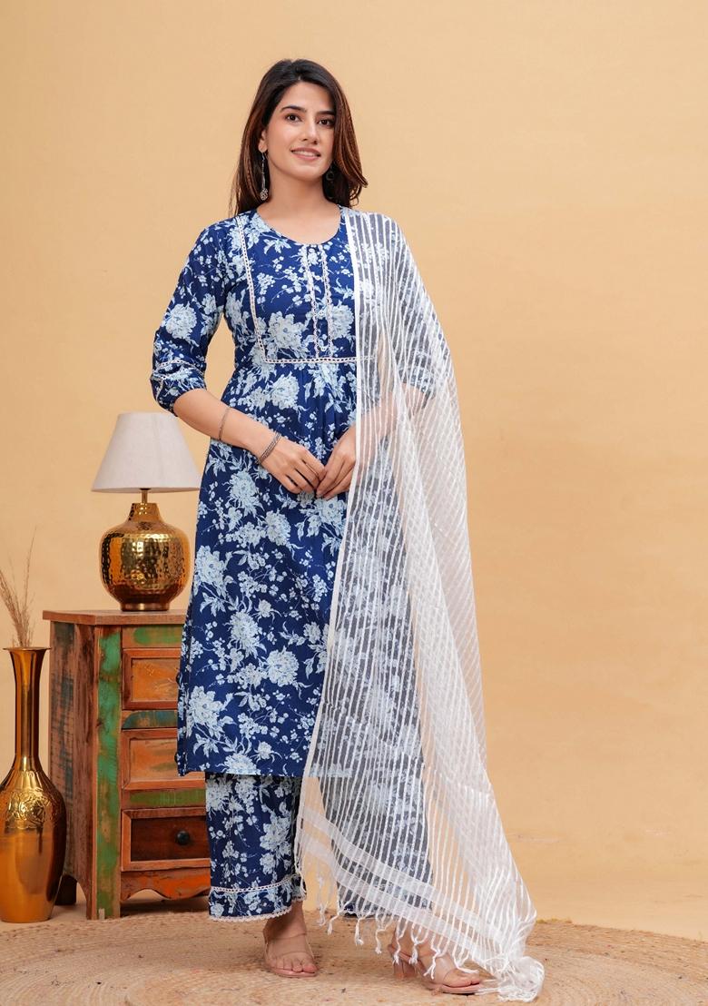 Indigo Blue Printed Pure Cotton Palazzo Set With Dupatta