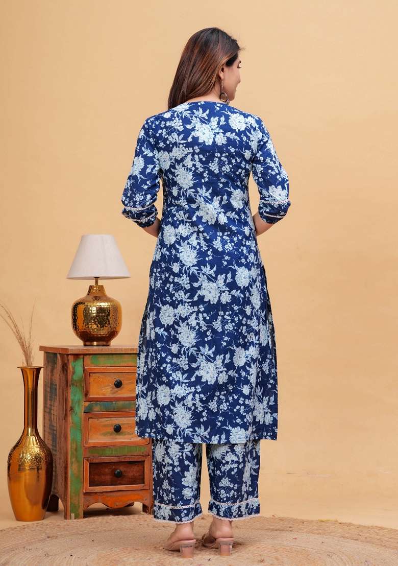 Indigo Blue Floral Print Cotton Straight Kurta Set - Indya
