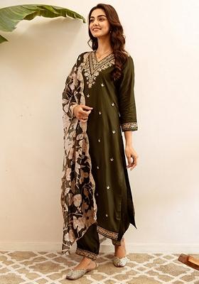 Green Embroidered Rayon Salwar Kameez With Dupatta