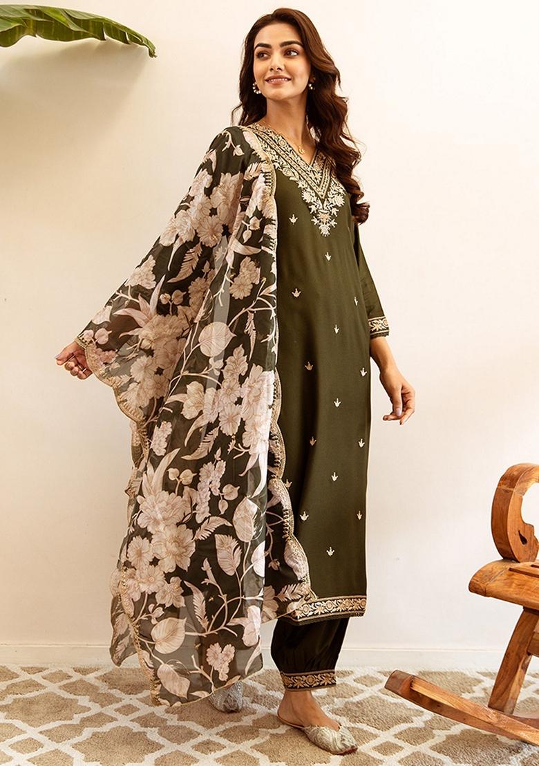 Green Embroidered Rayon Salwar Kameez With Dupatta