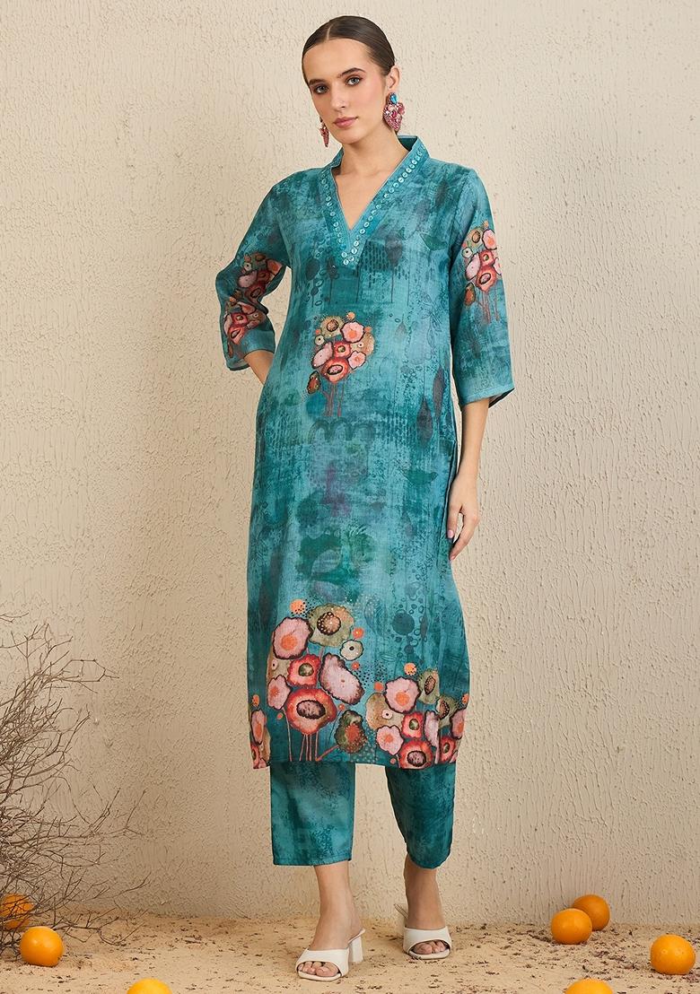 Green Printed Chanderi Salwar Kameez With Dupatta