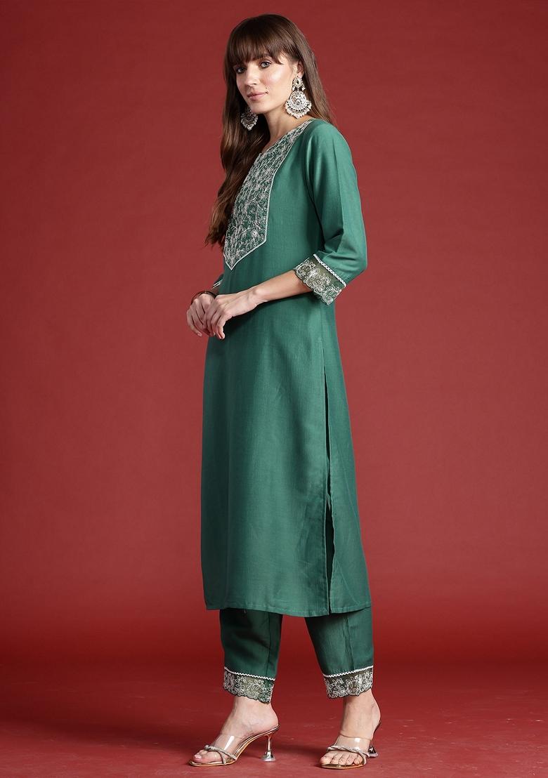 Green Embroidered Silk Blend Salwar Kameez With Dupatta