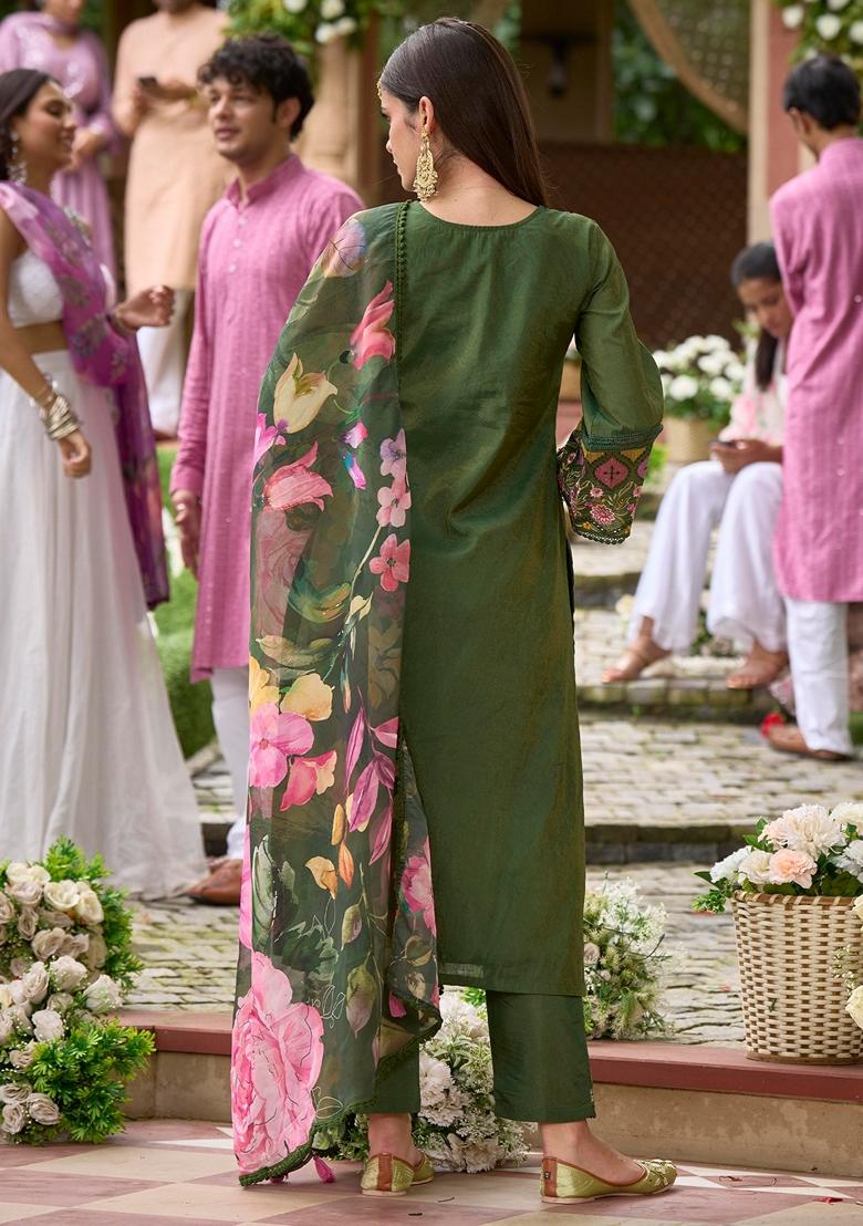 Green Embroidered Silk Blend Salwar Kameez With Dupatta