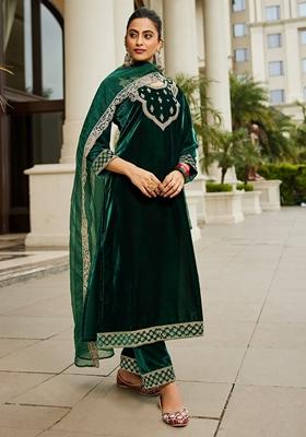 Green Embroidered Velvet Salwar Kameez With Dupatta