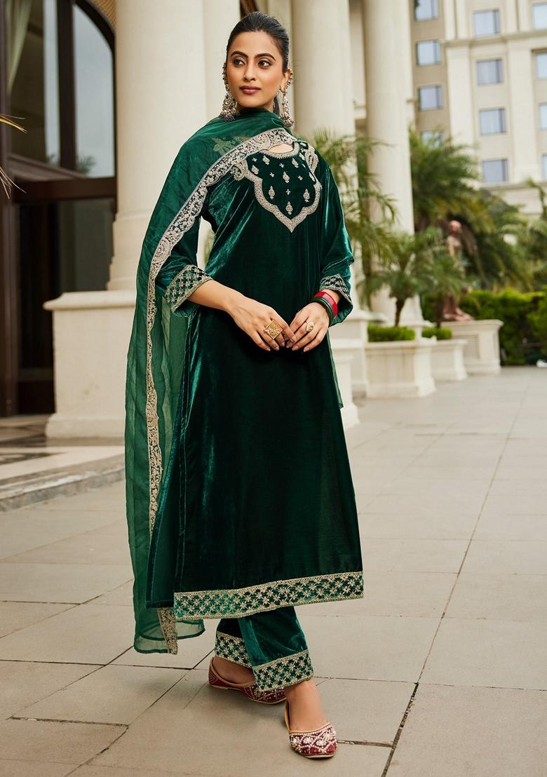 Green Embroidered Velvet Salwar Kameez With Dupatta