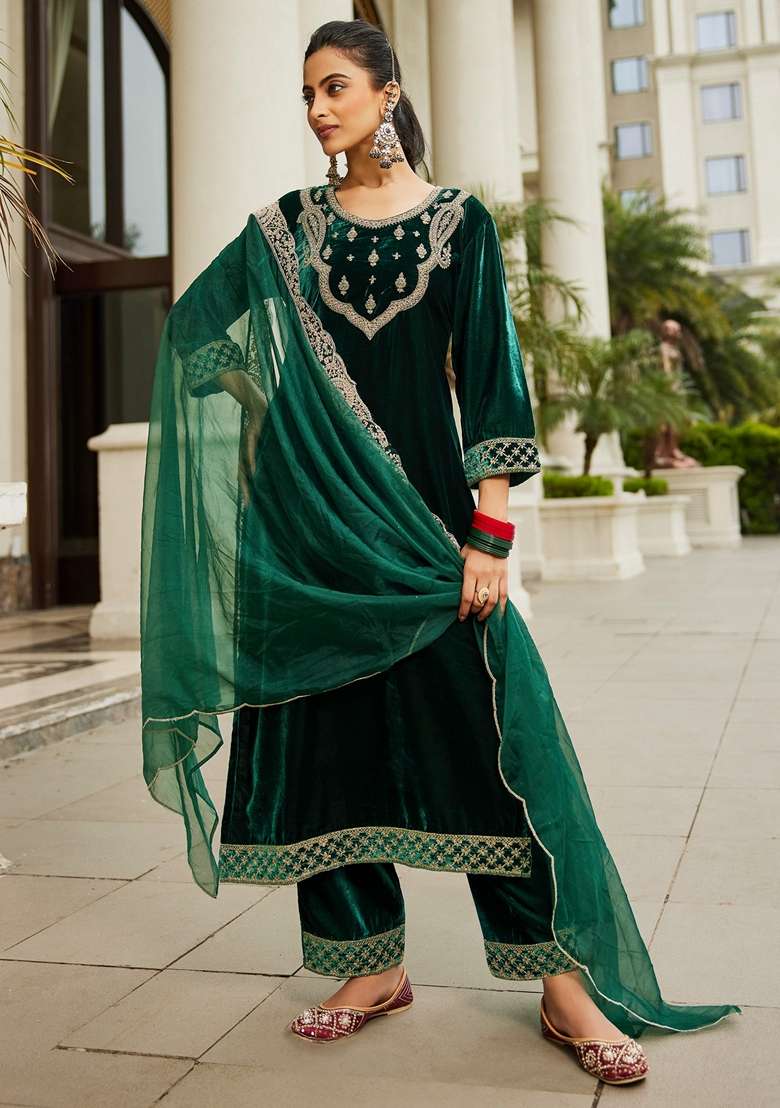Green Embroidered Velvet Salwar Kameez With Dupatta - Indya