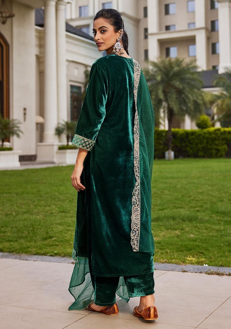 Green Embroidered Velvet Salwar Kameez With Dupatta