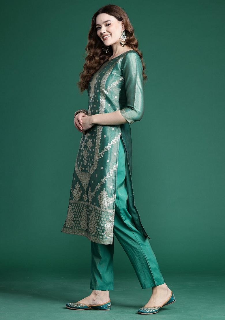 Green Printed Pure Silk Salwar Kameez With Dupatta