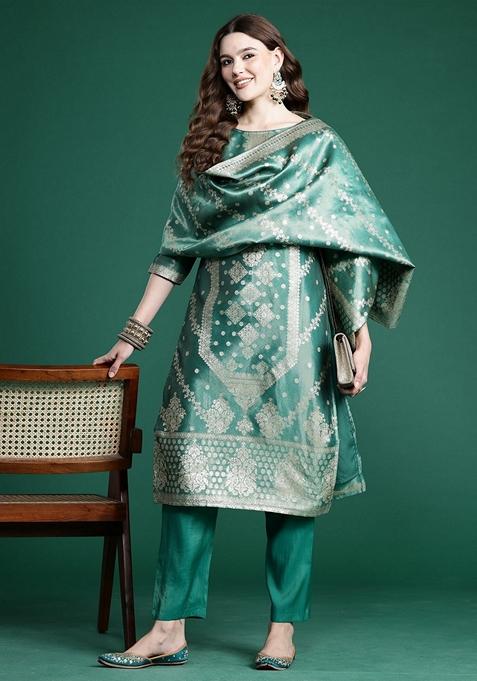 Green Printed Pure Silk Salwar Kameez With Dupatta