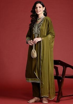 Olive Embroidered Silk Blend Salwar Kameez With Dupatta
