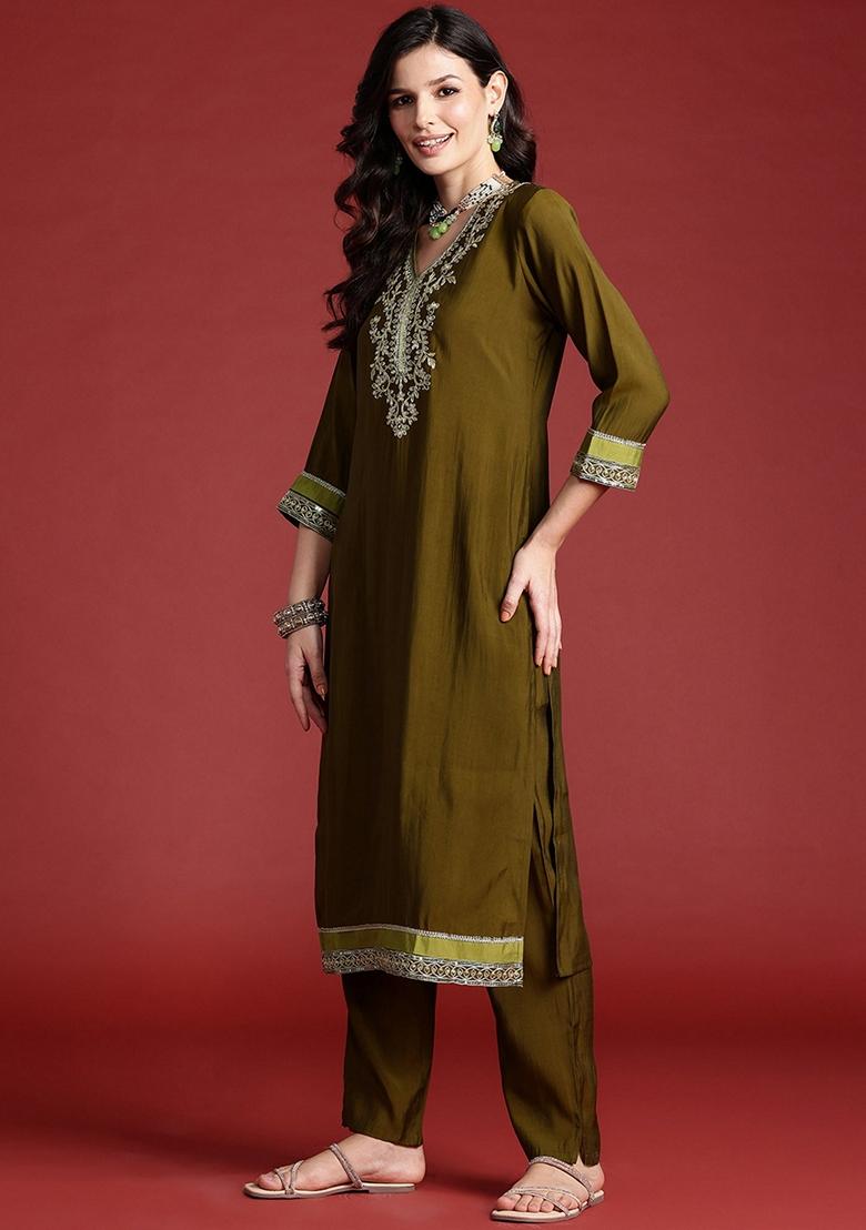 Olive Embroidered Silk Blend Salwar Kameez With Dupatta