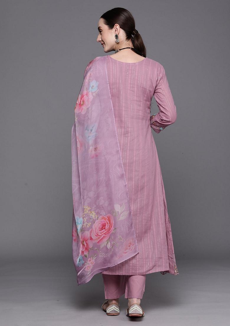 Lavender Embroidered Pure Cotton Salwar Kameez With Dupatta