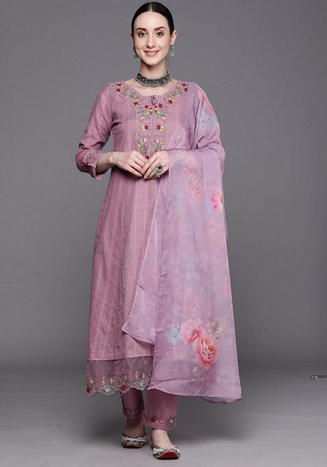 Lavender Embroidered Pure Cotton Salwar Kameez With Dupatta