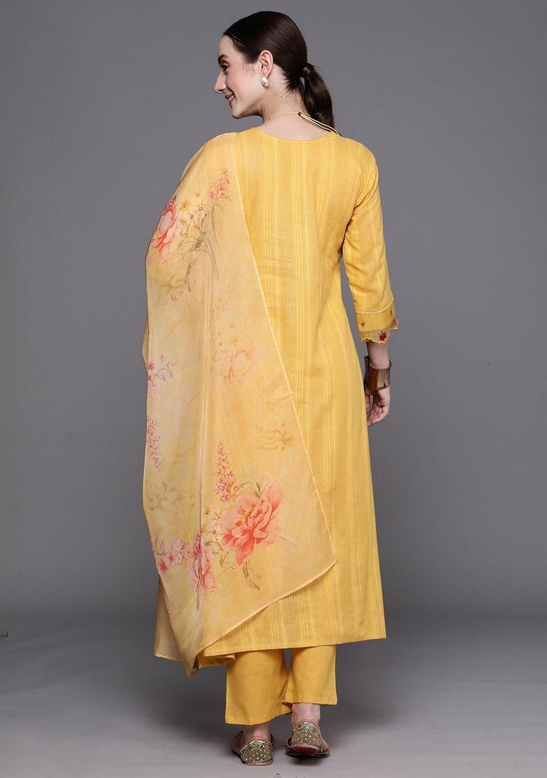 Yellow Embroidered Pure Cotton Salwar Kameez With Dupatta
