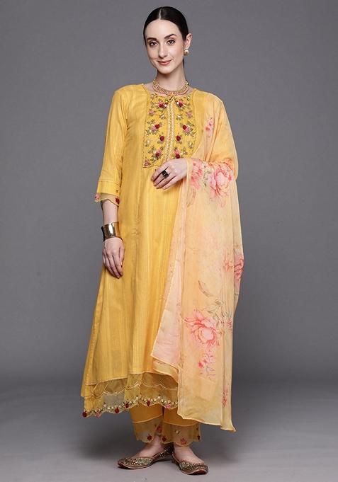 Yellow Embroidered Pure Cotton Salwar Kameez With Dupatta