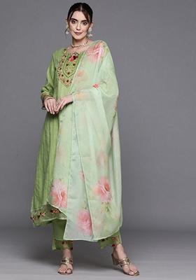 Green Embroidered Pure Cotton Salwar Kameez With Dupatta