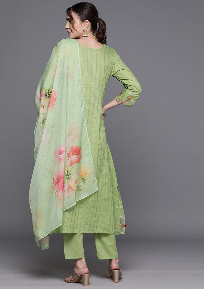 Green Embroidered Pure Cotton Salwar Kameez With Dupatta