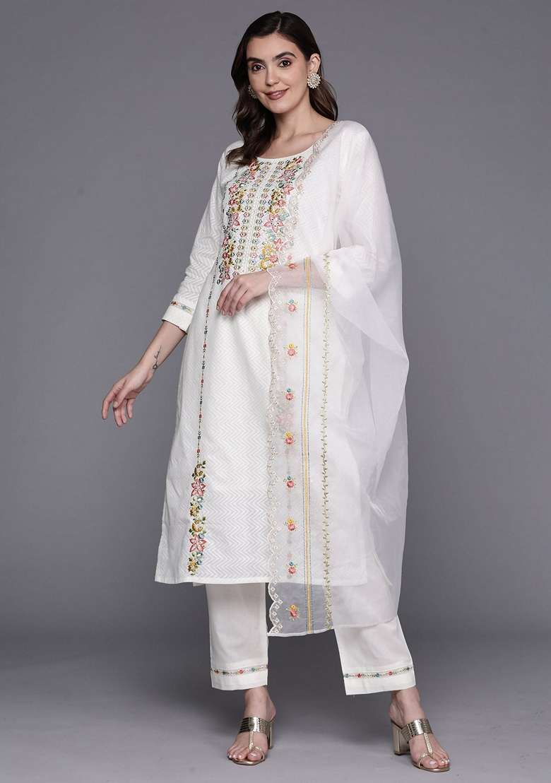 White Embroidered Cotton Straight Kurta Set - Indya